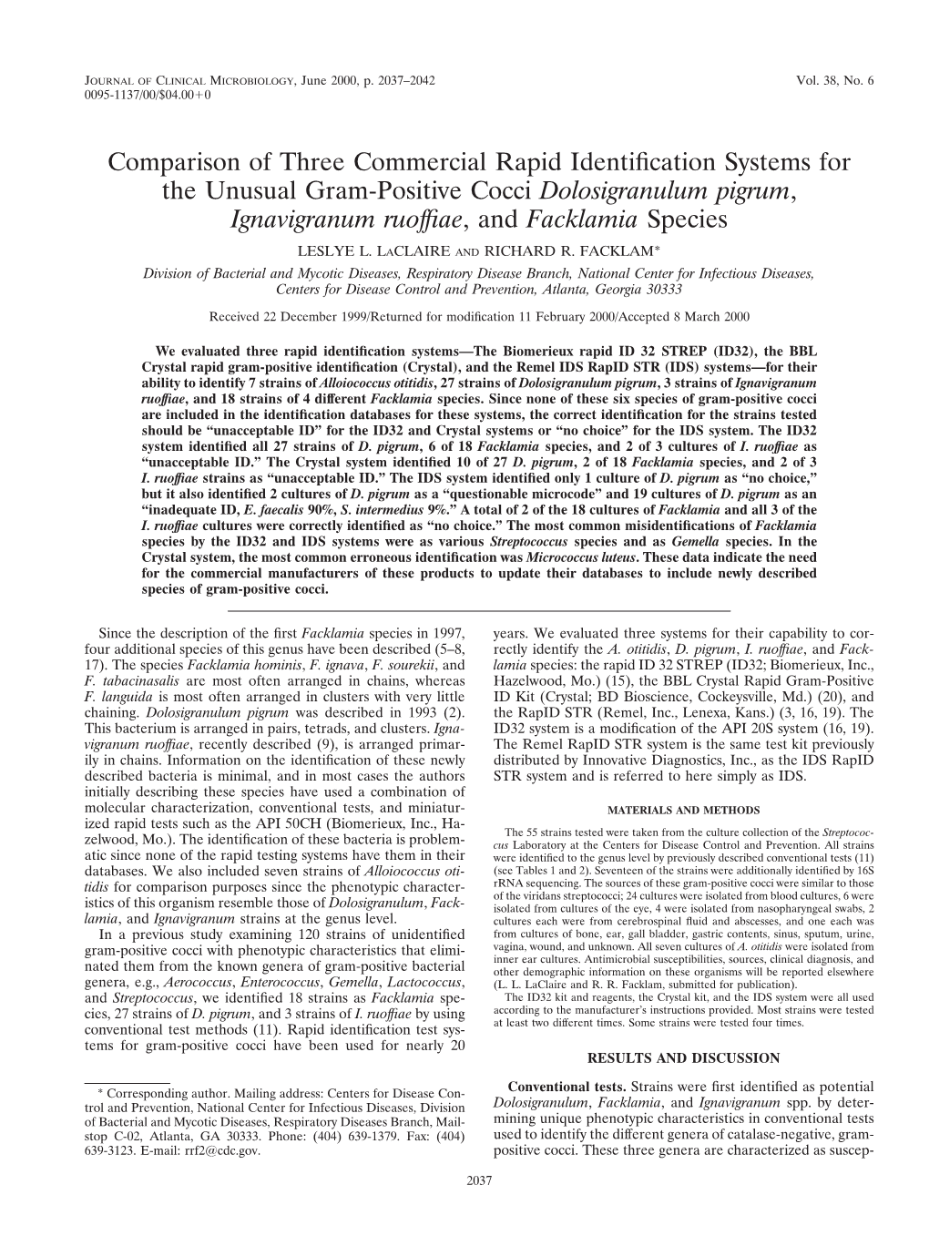 Dolosigranulum, Rapid Identification, 2000, JCM.Pdf