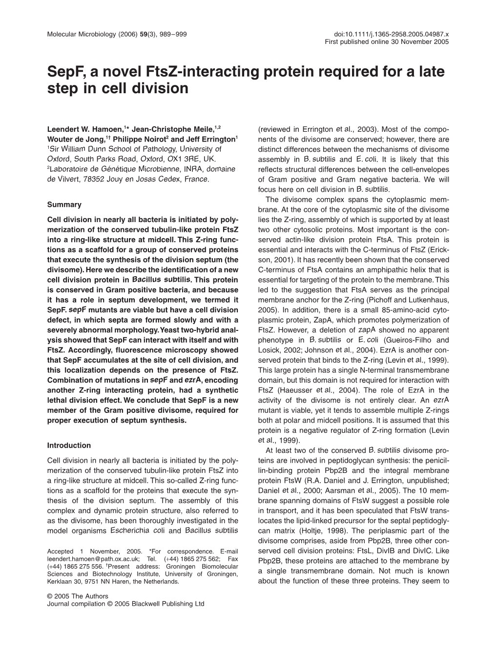 Sepf, a Novel Ftsz-Interacting Protein Required for a Late Step in Cell Division