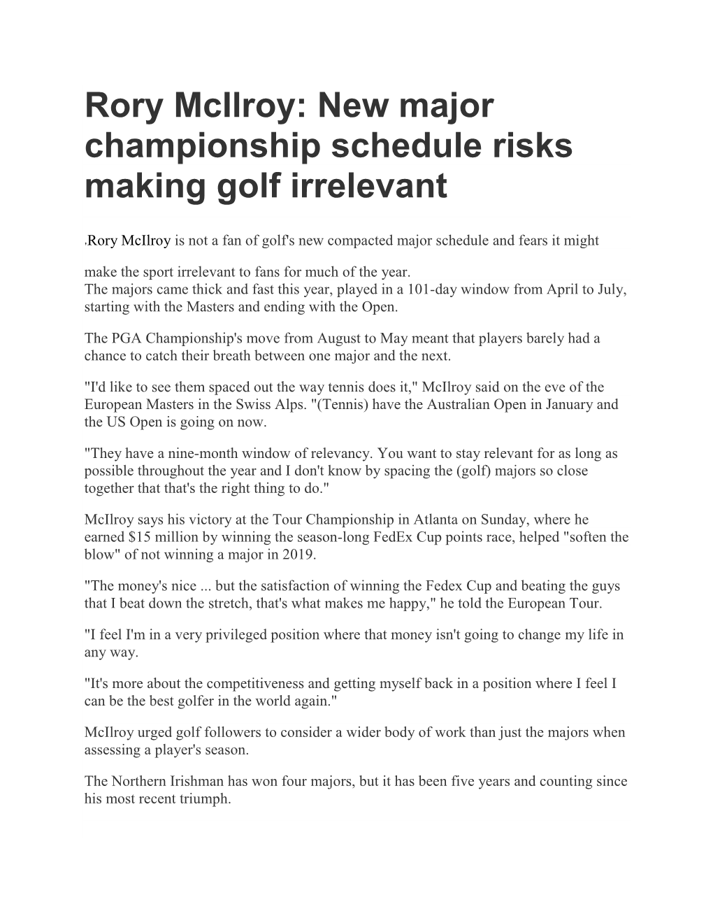 Rory Mcilroy: New Major Championship Schedule Risks Making Golf Irrelevant