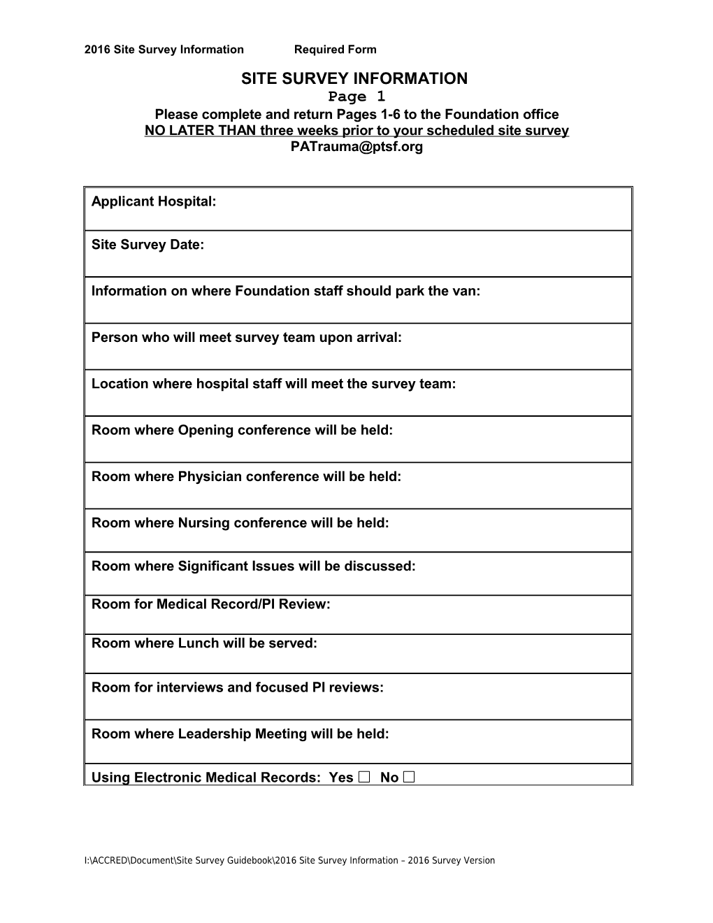 2016 Site Survey Information Required Form