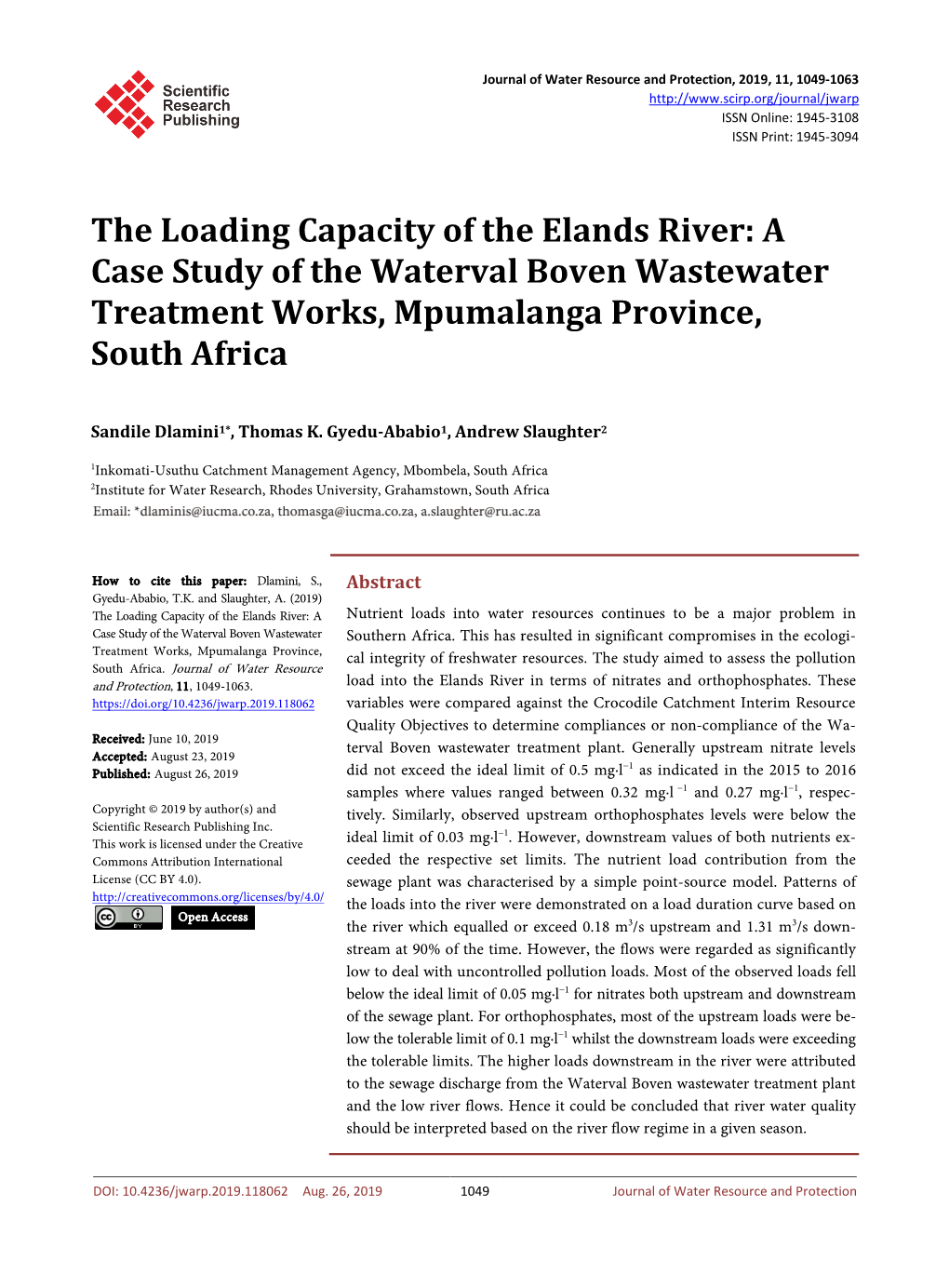 The Loading Capacity of the Elands River: a Case Study of the Waterval Boven Wastewater Treatment Works, Mpumalanga Province, South Africa