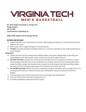No. 16/15 Virginia Tech Hokies Vs. Georgia Tech Postgame Notes Feb