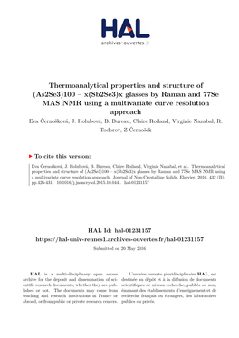 X(Sb2se3)X Glasses by Raman and 77Se MAS NMR Using a Multivariate Curve Resolution Approach Eva Černošková, J