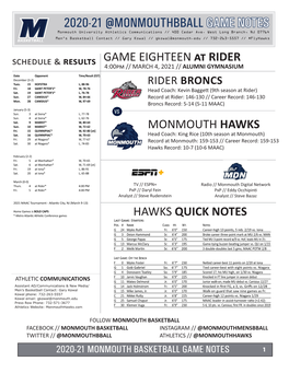 2020-21 @MONMOUTHBBALL GAME NOTES Monmouth University Athletics Communications // 400 Cedar Ave