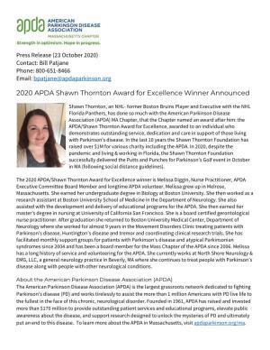 2020 APDA Shawn Thornton Award for Excellence Winner Announced