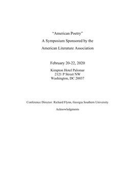 American Poetry” a Symposium Sponsored by the American Literature Association