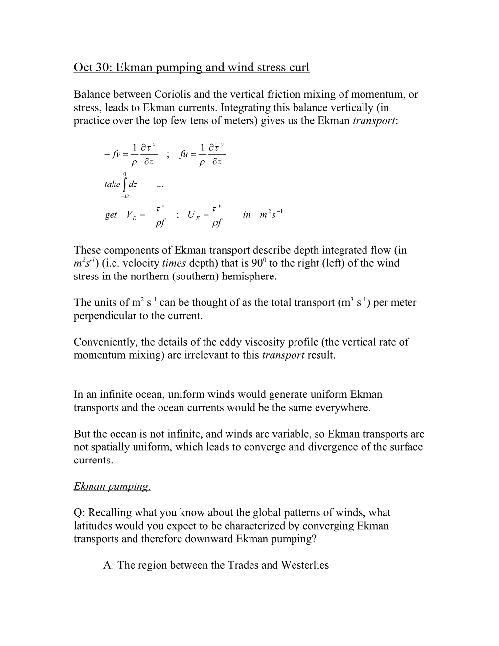Oct 30: Ekman Pumping and Wind Stress Curl
