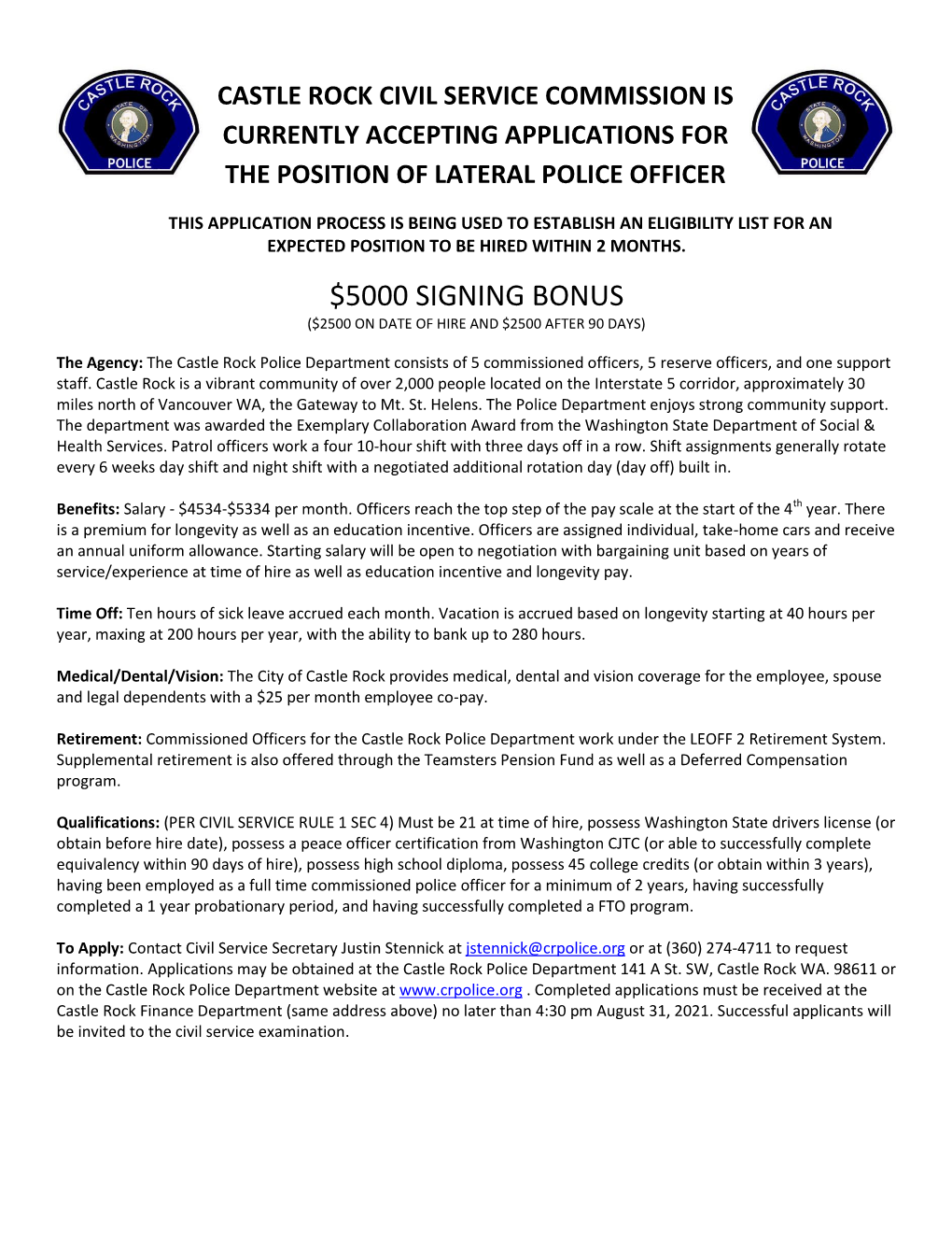 Castle Rock Civil Service Commission Is Currently Accepting Applications for the Position of Lateral Police Officer