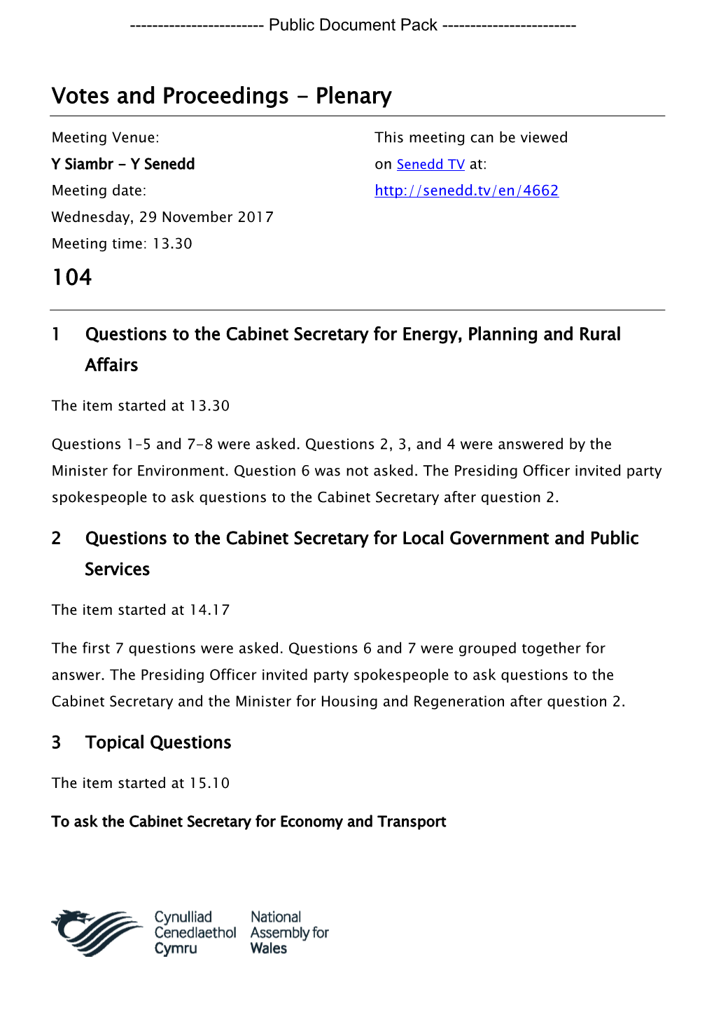 (Public Pack)Minutes Document for Plenary, 29/11/2017 13:30