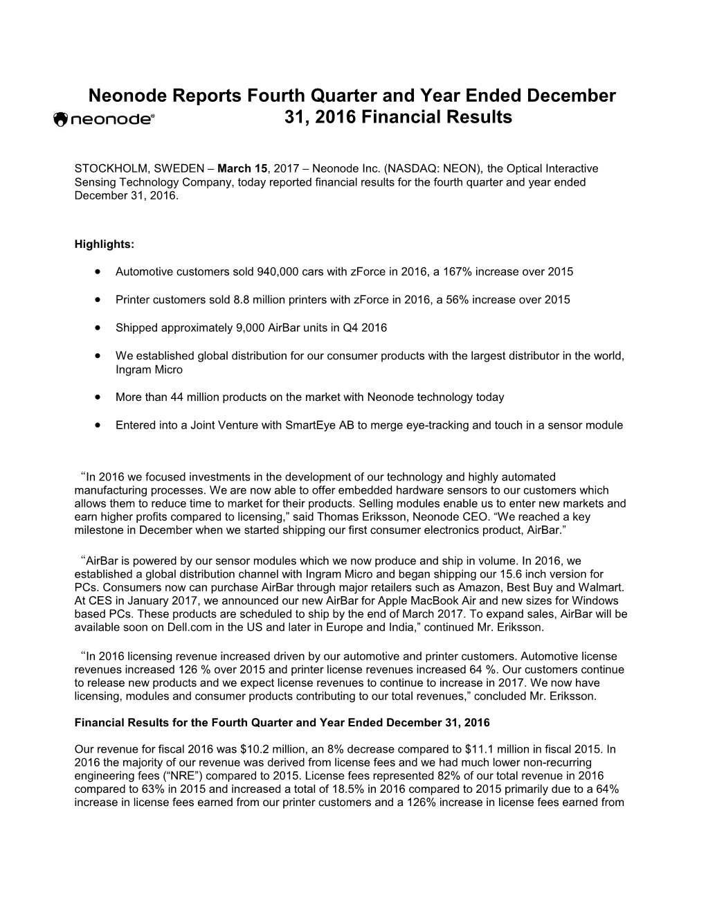 Neonode Reports Fourth Quarter and Year Ended December 31, 2016 Financial Results