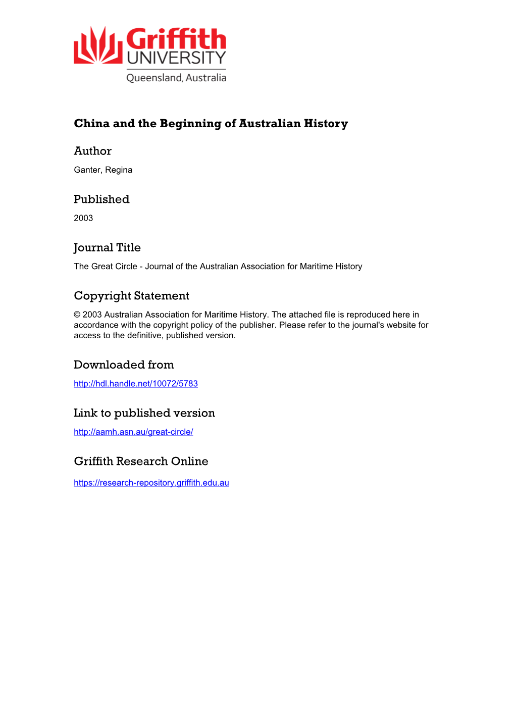 China and the Beginning of Australian History
