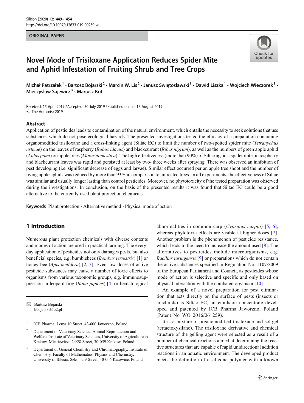 Novel Mode of Trisiloxane Application Reduces Spider Mite and Aphid Infestation of Fruiting Shrub and Tree Crops