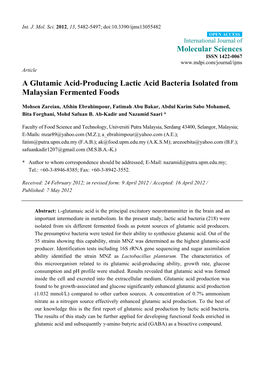 A Glutamic Acid-Producing Lactic Acid Bacteria Isolated from Malaysian Fermented Foods
