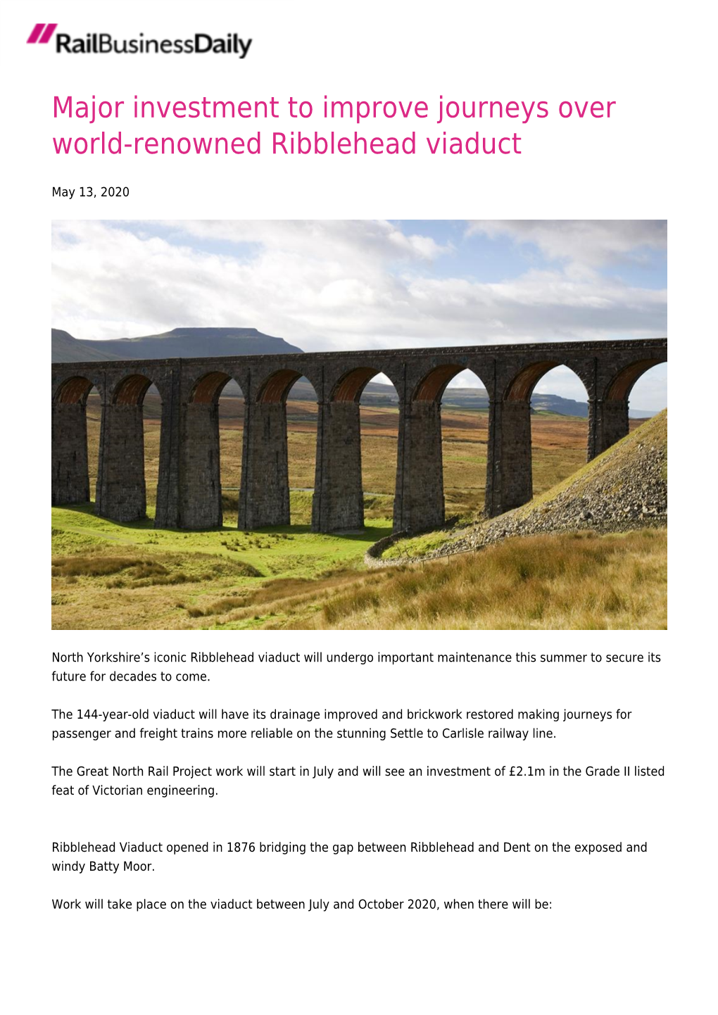 Major Investment to Improve Journeys Over World-Renowned Ribblehead Viaduct