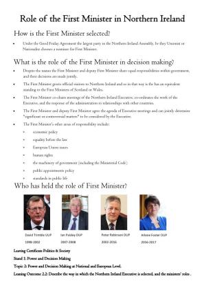 Role of the First Minister in Northern Ireland How Is the First Minister Selected?