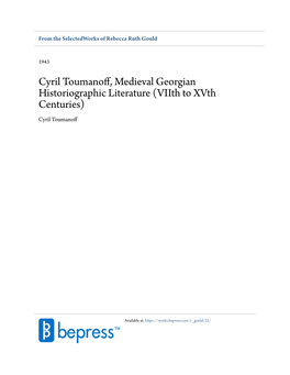 Cyril Toumanoff, Medieval Georgian Historiographic Literature (Viith to Xvth Centuries) Cyril Toumanoff