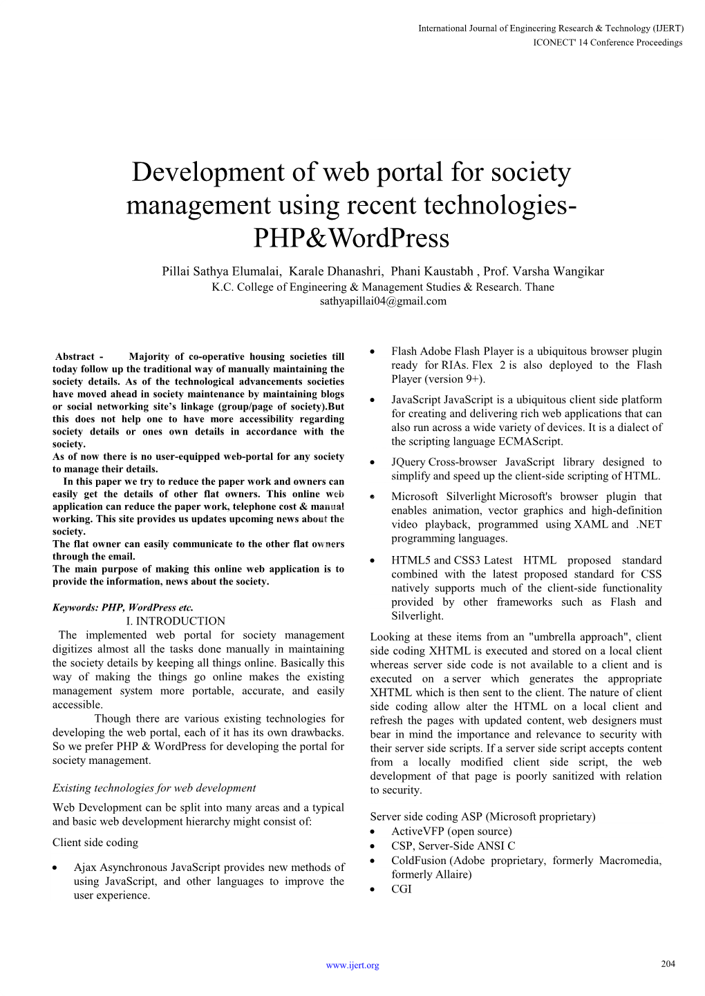 Development of Web Portal for Society Management Using Recent Technologies-PHP&Wordpress