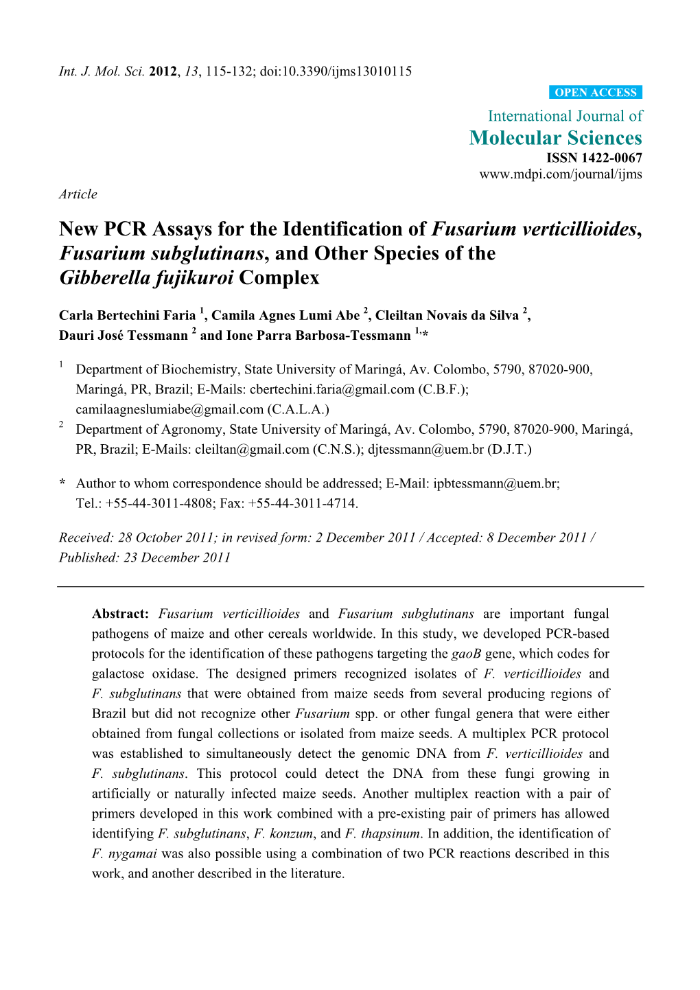 New PCR Assays for the Identification of Fusarium Verticillioides, Fusarium Subglutinans, and Other Species of the Gibberella Fujikuroi Complex