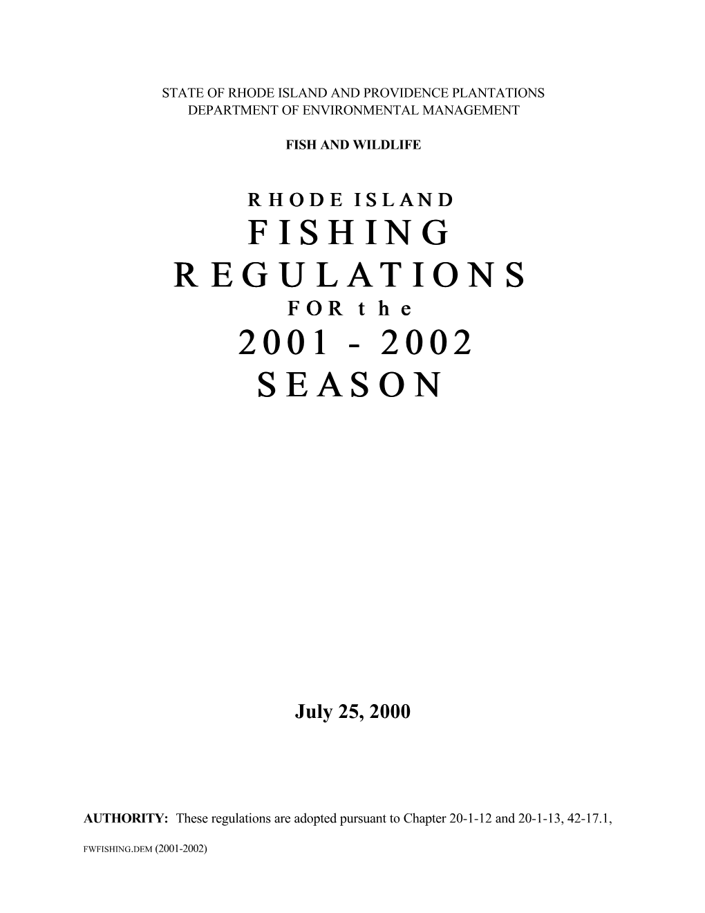 RI DEM/Fish & Wildlife- 2001-2002 Freshwater Fishing Regulations