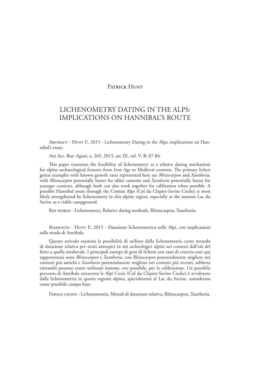 Lichenometry Dating in the Alps: Implications on Hannibal’S Route