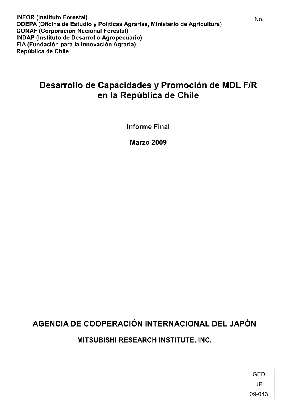 Desarrollo De Capacidades Y Promoción De MDL F/R En La República De Chile