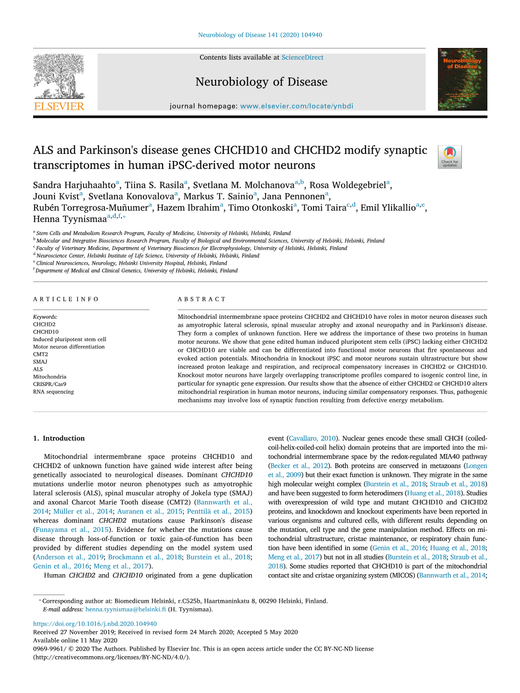 ALS and Parkinson's Disease Genes CHCHD10 and CHCHD2 Modify Synaptic Transcriptomes in Human Ipsc-Derived Motor Neurons