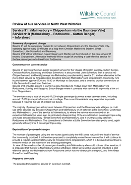 (Malmesbury – Chippenham Via the Dauntsey Vale) Service 91B (Malmesbury – Rodbourne – Sutton Benger) – Info Sheet
