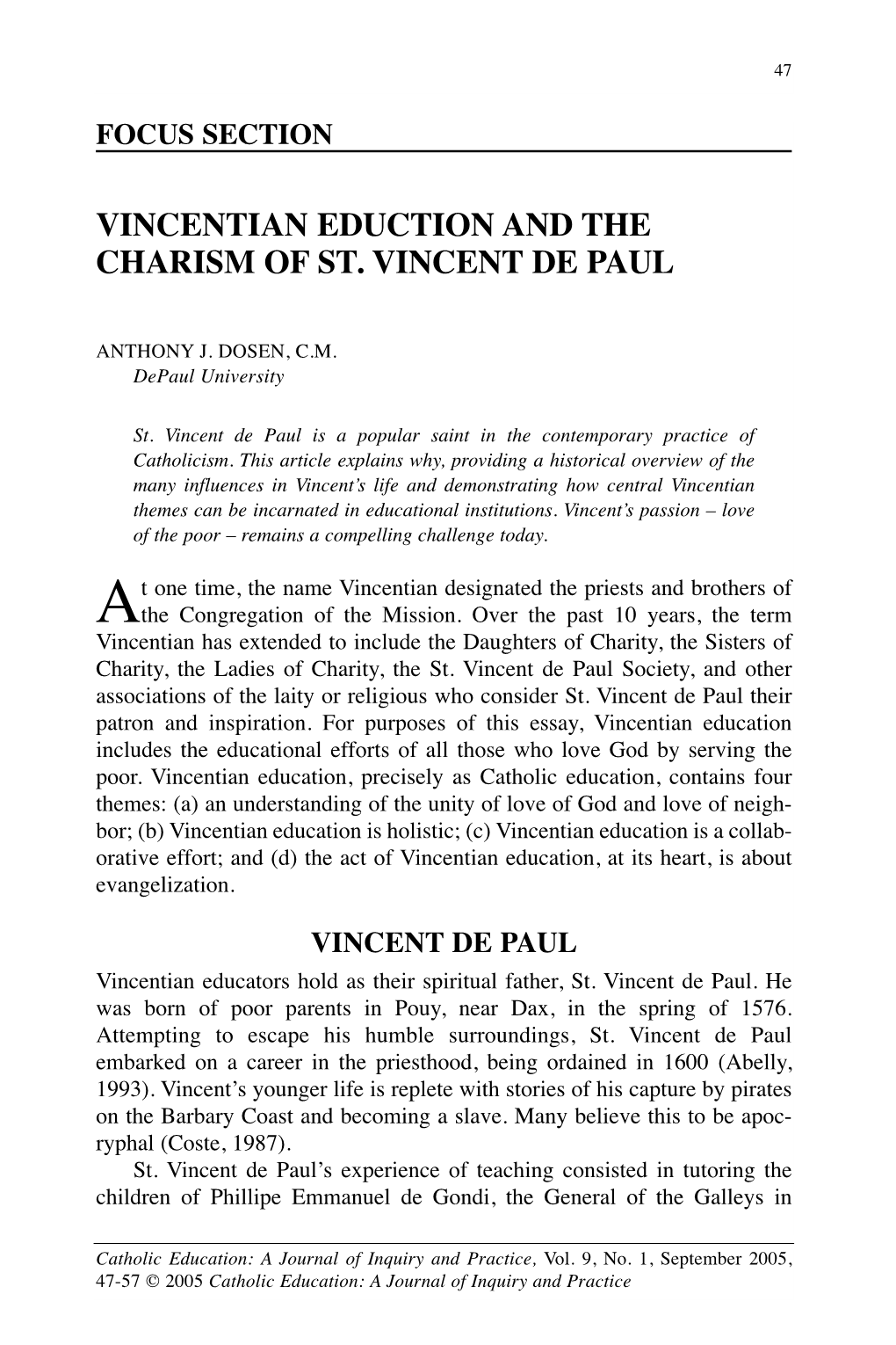 Vincentian Eduction and the Charism of St. Vincent De Paul