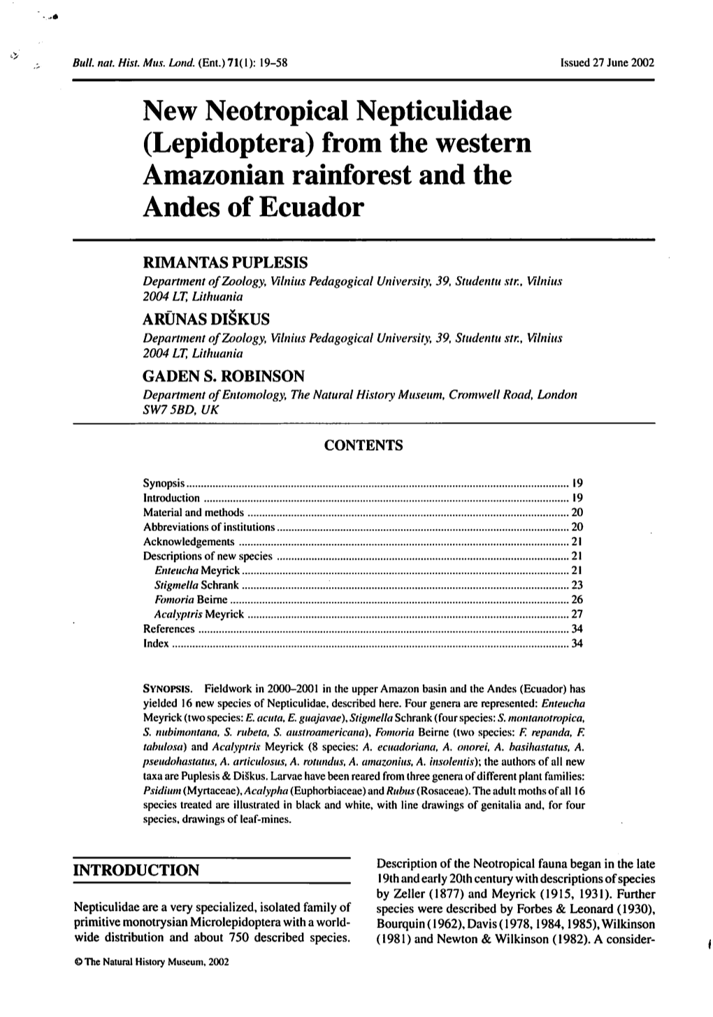 New Neotropical Nepticulidae (Lepidoptera) from the Western Amazonian Rainforest and the Andes of Ecuador