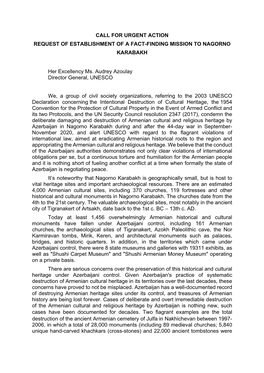 CALL for URGENT ACTION REQUEST of ESTABLISHMENT of a FACT-FINDING MISSION to NAGORNO KARABAKH Her Excellency Ms. Audrey Azoulay