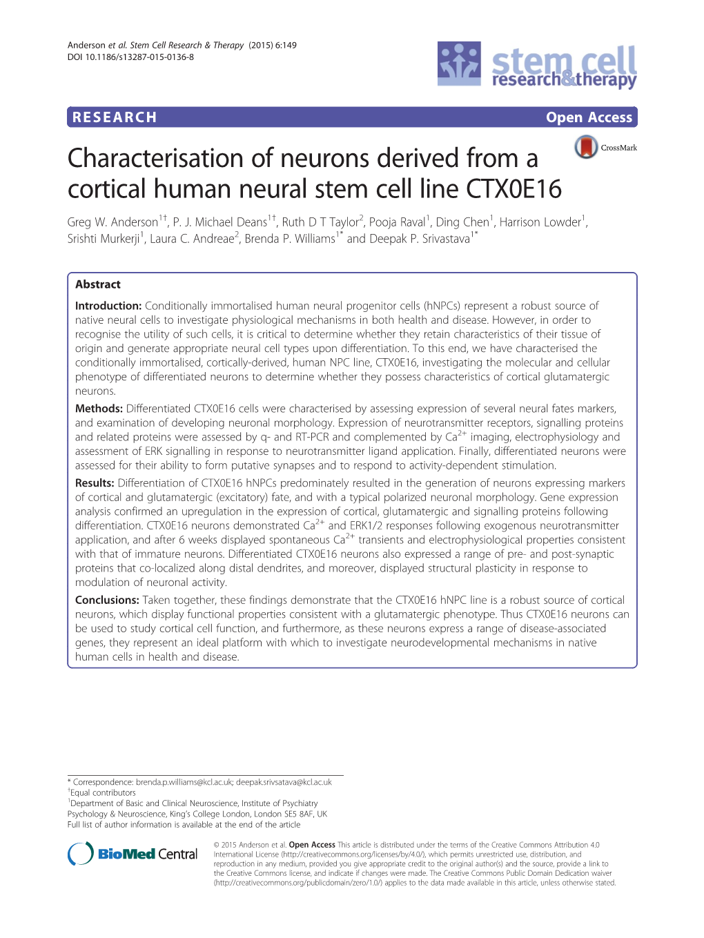 Characterisation of Neurons Derived from a Cortical Human Neural Stem Cell Line CTX0E16 Greg W