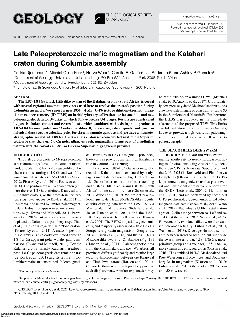 Late Paleoproterozoic Mafic Magmatism and the Kalahari Craton During Columbia Assembly Cedric Djeutchou1*, Michiel O