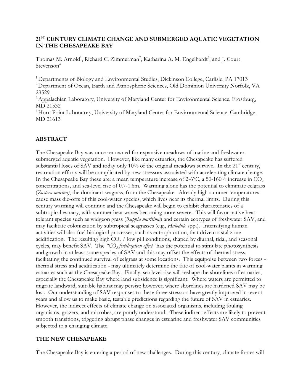 21St Century Climate Change and Submerged Aquatic Vegetation in the Chesapeake Bay