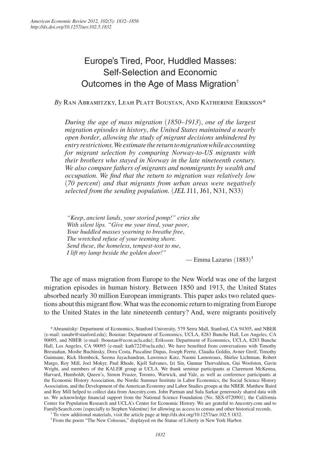 Europe's Tired, Poor, Huddled Masses: Self-Selection and Economic Outcomes in the Age of Mass Migration