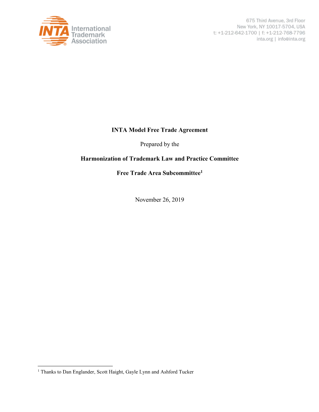 INTA Model Free Trade Agreement Prepared by the Harmonization Of