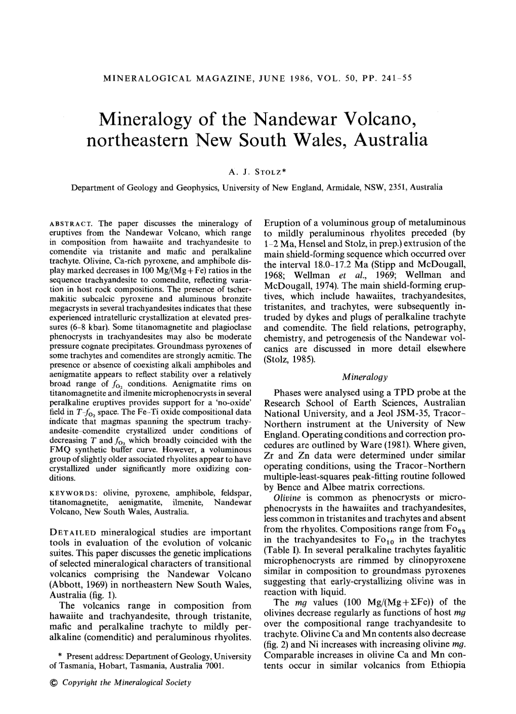 Mineralogy of the Nandewar Volcano, Northeastern New South Wales, Australia