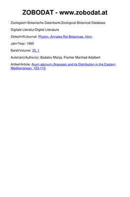 Arum Alpinum (Araceae) and Its Distribution in the Eastern Mediterranean