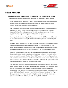 Press Release Qnet Sponsored Marussia F1 Show Car Tour Egypt