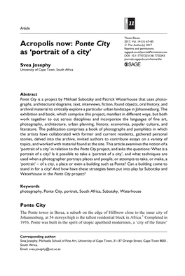 Acropolis Now: Ponte City As 'Portrait of a City'