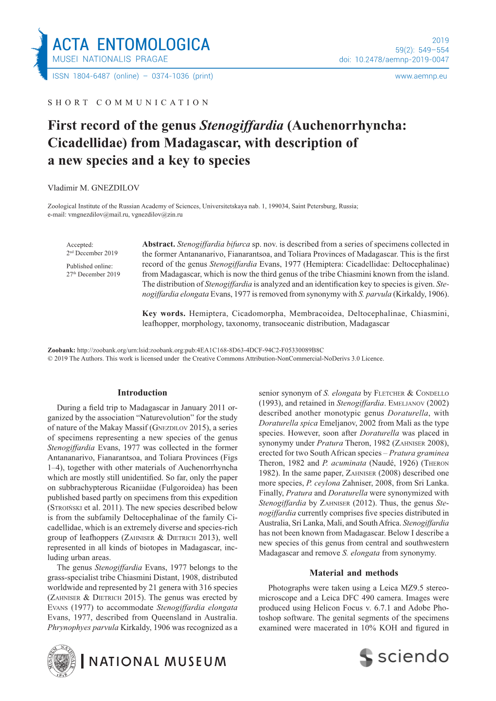 ACTA ENTOMOLOGICA 59(2): 549–554 MUSEI NATIONALIS PRAGAE Doi: 10.2478/Aemnp-2019-0047