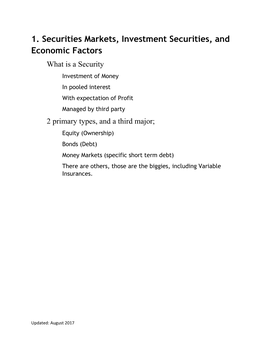 1. Securities Markets, Investment Securities, and Economic Factors