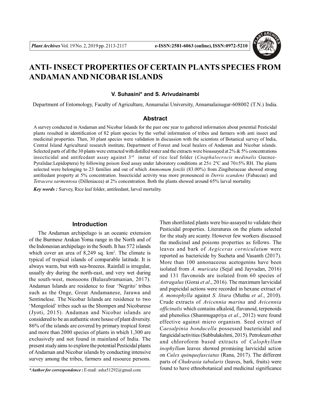 Insect Properties of Certain Plants Species from Andaman and Nicobar Islands
