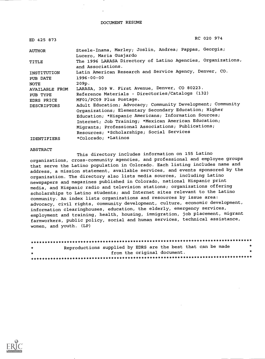 The 1996 LARASA Directory of Latino Agencies, Organizations, and Associations