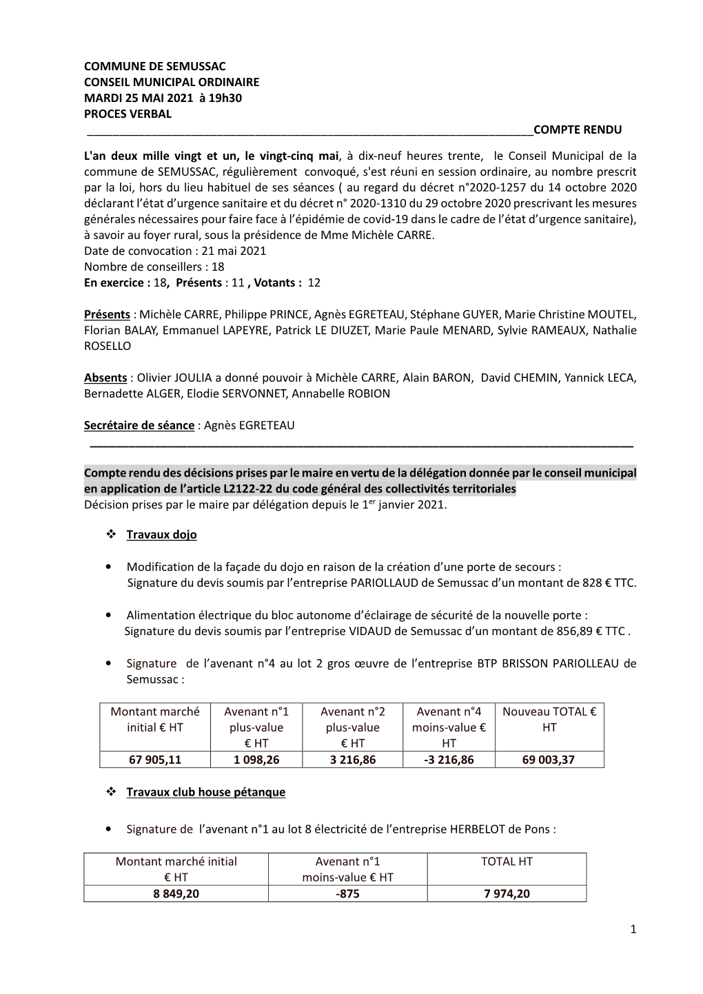 1 Commune De Semussac Conseil Municipal Ordinaire Mardi 25 Mai 2021 À