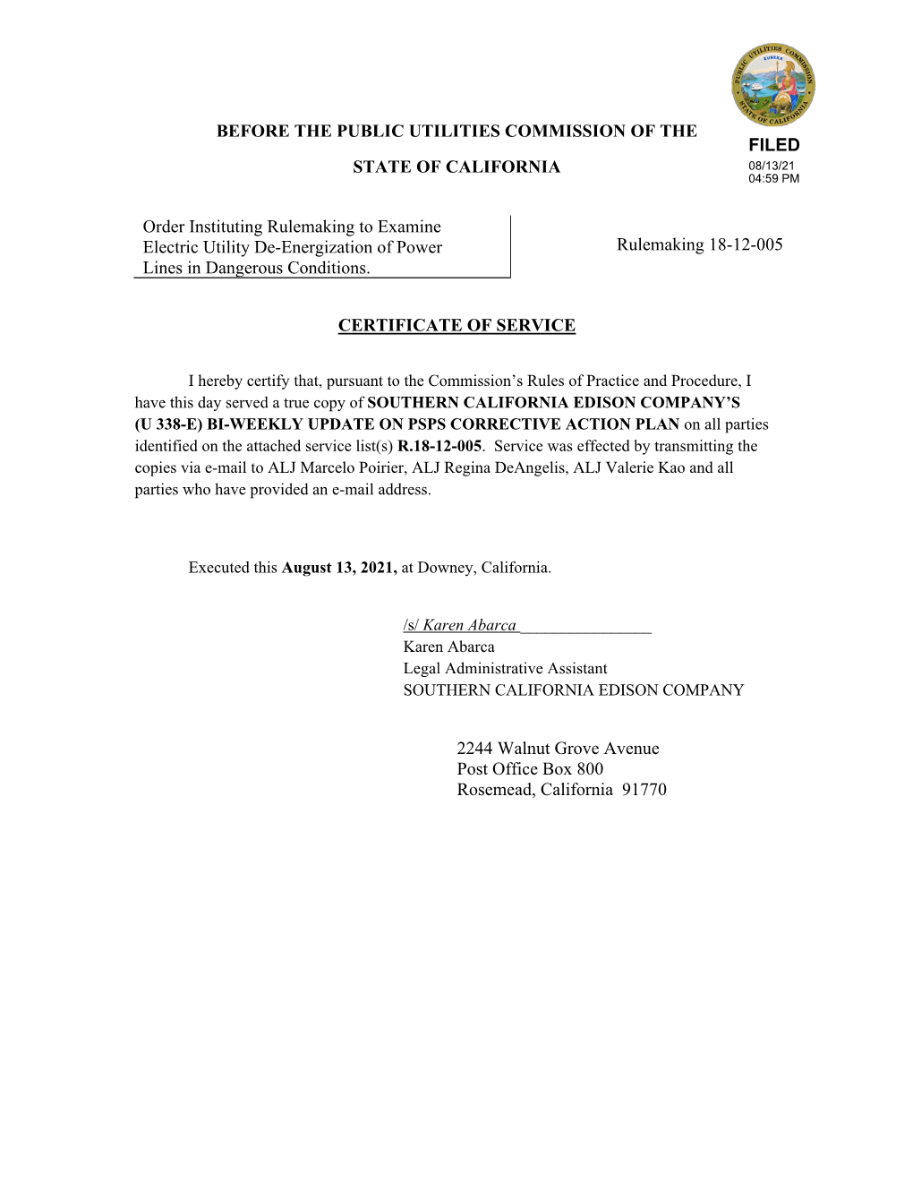 Before the Public Utilities Commission of the Filed State of California 08/13/21 04:59 Pm