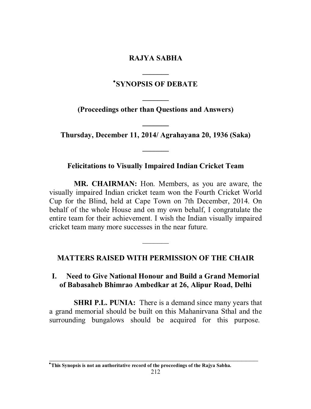 Rajya Sabha ___*Synopsis of Debate