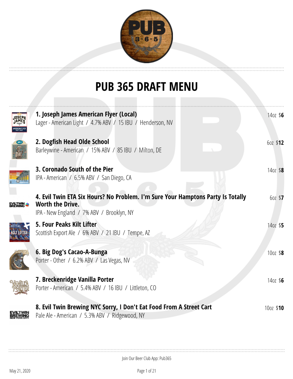 Pub 365 Draft Menu