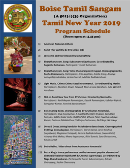 Boise Tamil Sangam (A 501(C)(3) Organization) Tamil New Year 2019 Program Schedule (Doors Open At: 4.45 Pm)