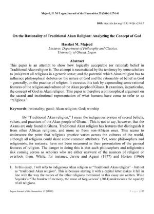 On the Rationality of Traditional Akan Religion: Analyzing the Concept of God