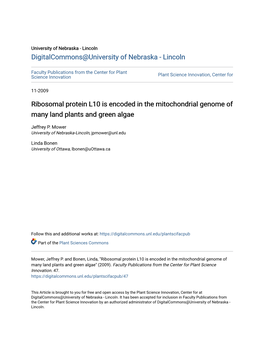 Ribosomal Protein L10 Is Encoded in the Mitochondrial Genome of Many Land Plants and Green Algae